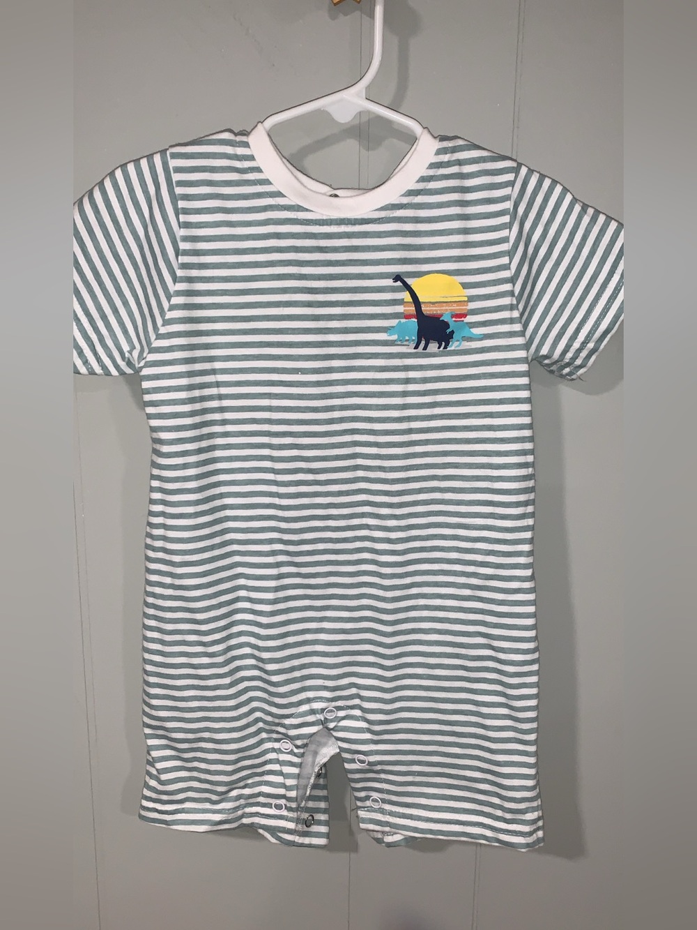 Baby Boy Striped Green & White Dino Kids Shortie Romper 24m